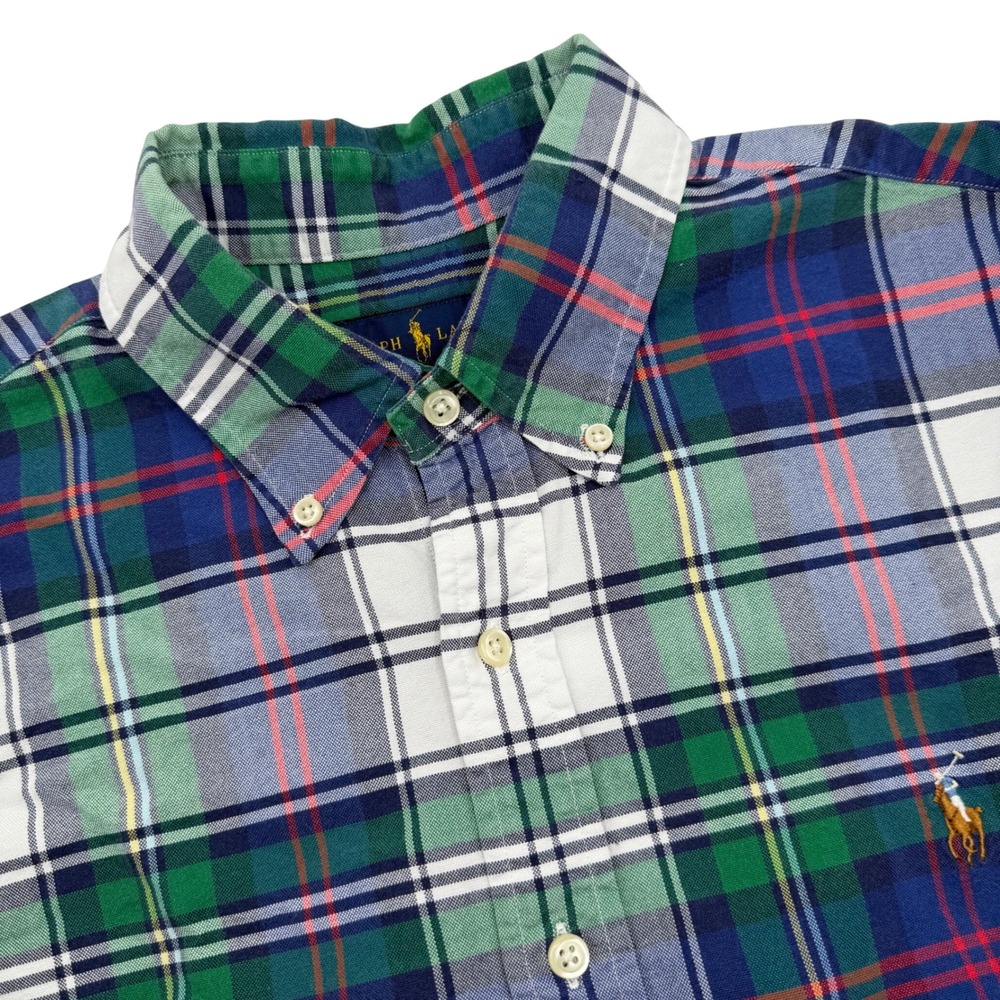 Polo Ralph Lauren Button Down Shirt Large Green Blue Plaid Long Sleeve Nude Pony